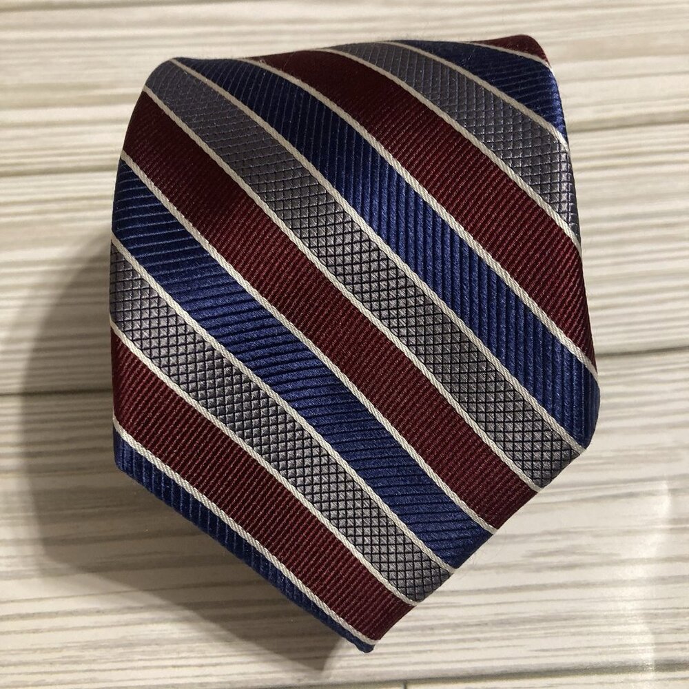 JoS A Bank Traveler Stain Resistant Red, Blue, Grey Striped Tie 100% Silk